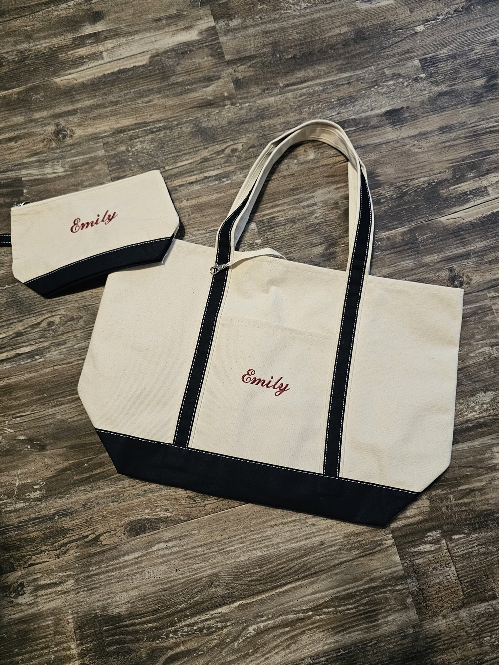 Personalized Canvas Tote and Pouch Set - Emily - Cream & Black